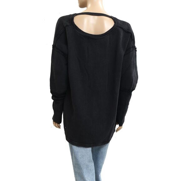 Free People Midnight Drift Pullover Sweatshirt Top Black Cotton S NWT 283708 - Picture 6 of 7